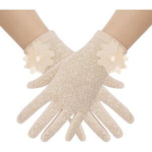 Women's Embroidery Beige Short Lace Wrist Gloves Design Party Accessories